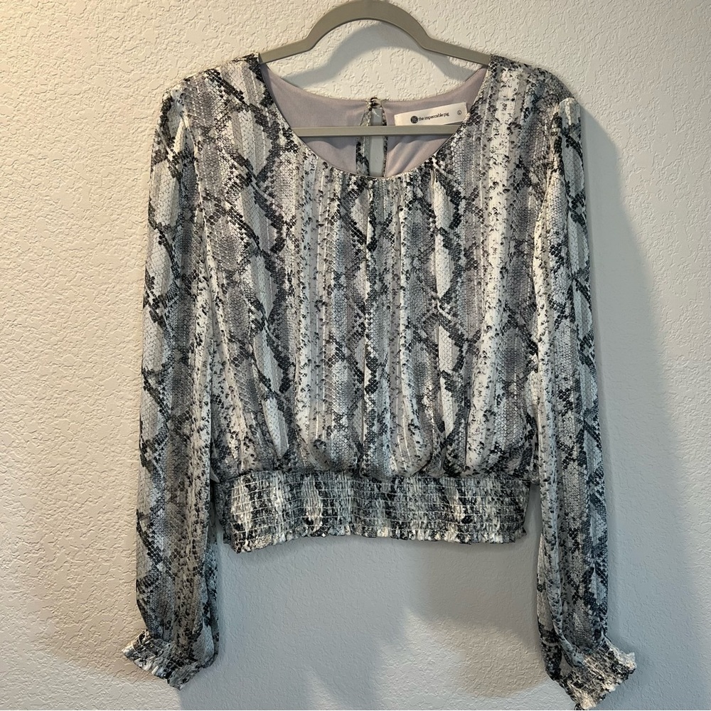 Women’s the Impeccable Pig snakeskin long sleeve rouched cropped blouse size L